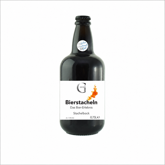 Flasche Stachelbock Bier von Genial Genießen mit 0,75 Liter Inhalt und 7,5 Prozent Alkohol für das traditionelle Bierstacheln.
