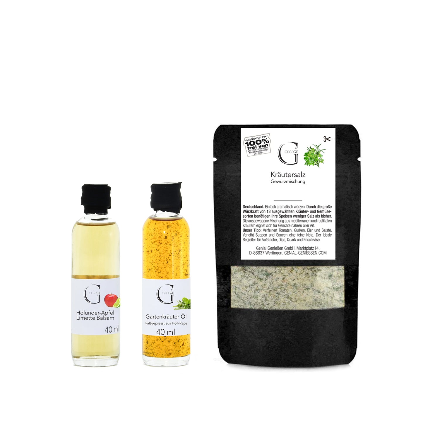 Genial Genießen Geschenkset mit Apfel & Holunder Dressing-Komponenten, stilvoll präsentiert in einer attraktiven Verpackung und perfekt als Geschenk für Feinschmecker und Liebhaber fruchtiger Geschmackserlebnisse.