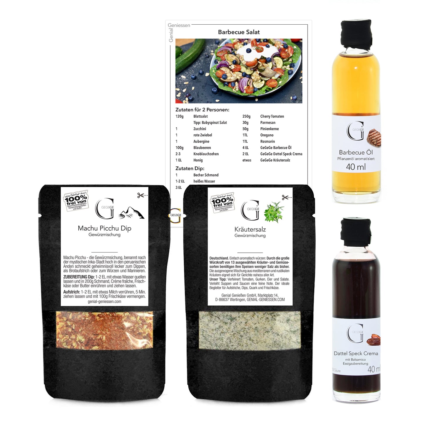 Geschenkbox von Genial Genießen für Barbecue-Liebhaber mit feinen Feinkostprodukten und Rezeptkarte zur Zubereitung eines außergewöhnlichen BBQ-Salats.