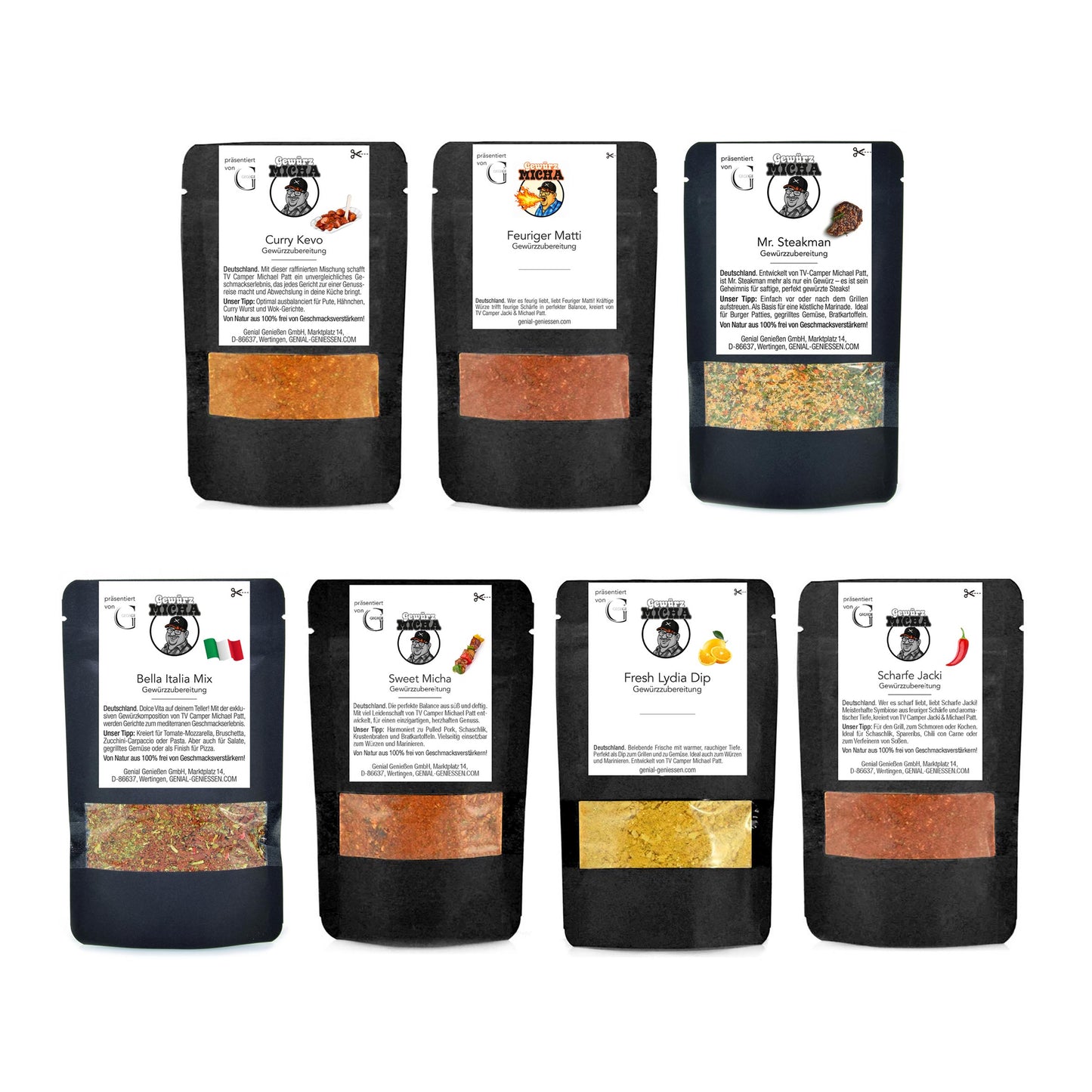 Alt-Text: Die magischen 7 Gewürzbox von Genial Genießen vereint sieben aromatische Gewürzmischungen in einer stilvollen Geschenkverpackung für Genießer und Hobbyköche.