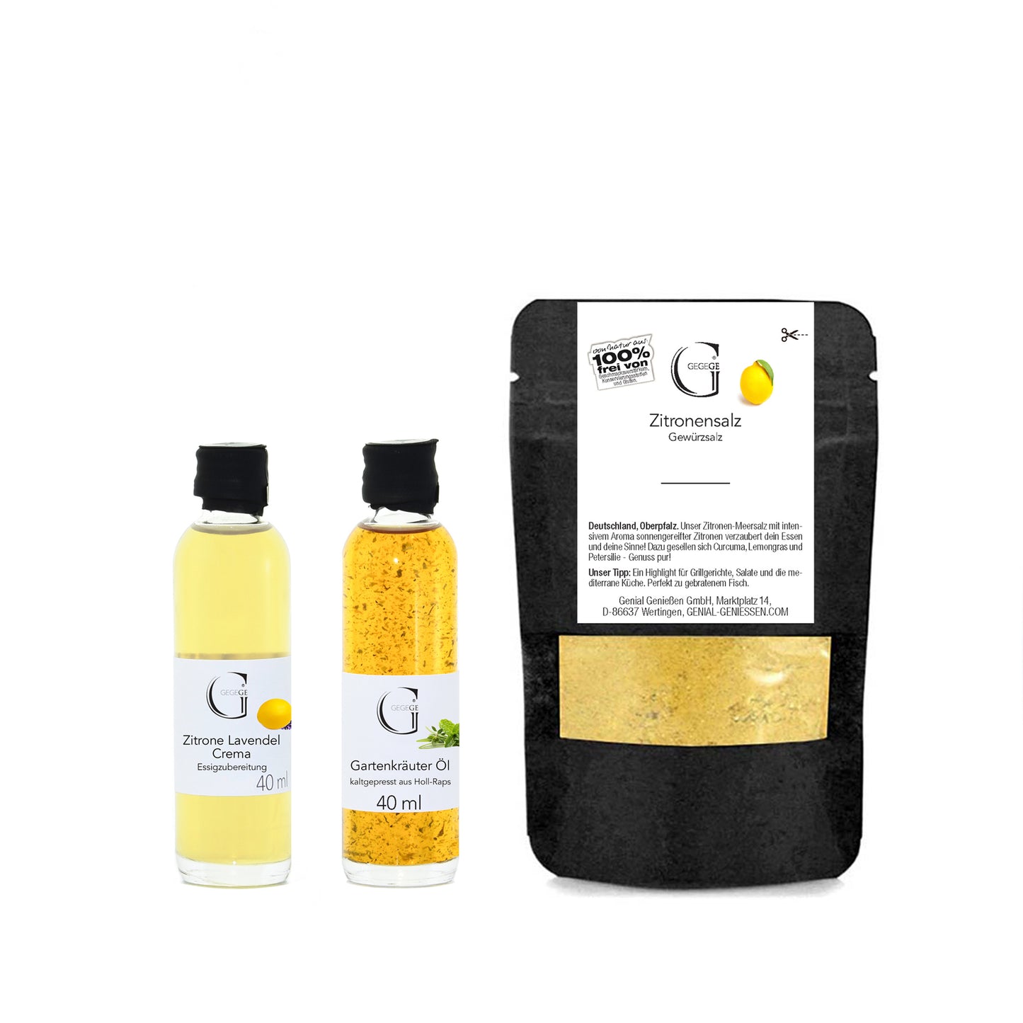 Genial Genießen Geschenkset mit Gartenkräuter- und Zitronen-Dressing-Komponenten für die Veredelung von Salaten, Gemüsegerichten und sommerlichen Speisen, stilvoll präsentiert in einer attraktiven Verpackung.