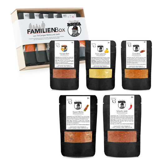 Familienbox von Genial Genießen und Gewürz Micha mit abwechslungsreichen Gewürzen zum Verfeinern von Fleisch, Gemüse, Pasta und beliebten Familiengerichten.