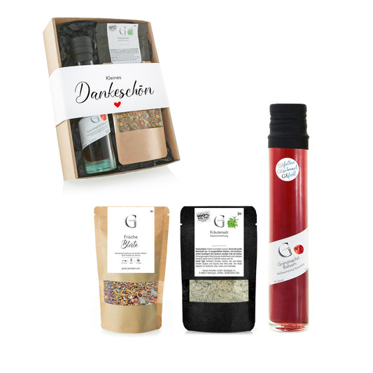 Feinkost Geschenkset Kleines Dankeschön von Genial Genießen mit Balsam, Gewürzen und Tee als liebevolle Aufmerksamkeit für besondere Menschen