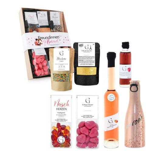 Hochwertiges Freundinnen Abend Geschenkset von Genial Genießen mit Frizzante Secco, Weinbergpfirsich Likör, Dip Gewürz und süßen Spezialitäten