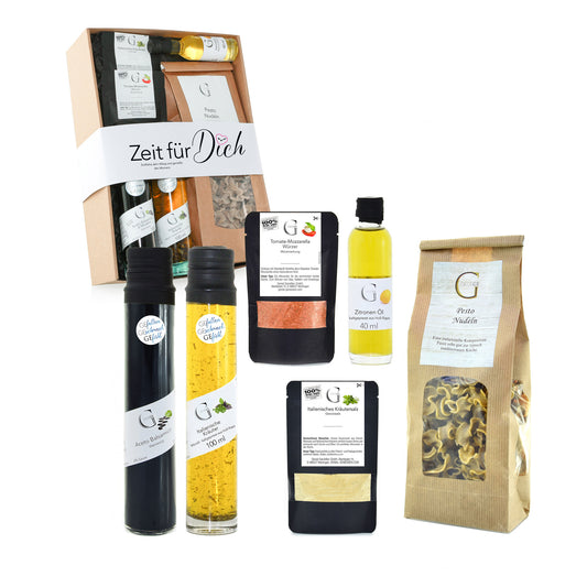 Hochwertiges Genuss Geschenkset Zeit für dich von Genial Genießen mit Balsamico, Würzöl, Kräutermischungen und mediterranen Feinkostprodukten