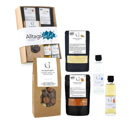 Geschenk für Männer mit Süßigkeiten, Alkohol und Gewürzen