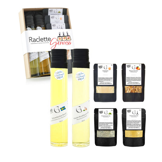 Hochwertiges Raclette Geschenkset von Genial Genießen mit Ölen und Dip Gewürzen für Raclette, Fondue und kreative Grill- und Kochideen