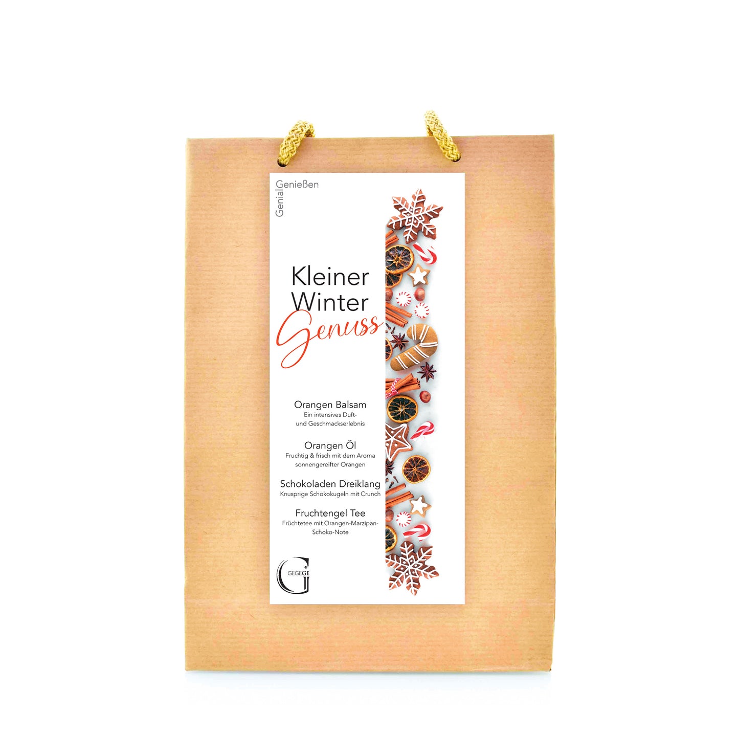 Winterliche Geschenktüte Kleiner Winter Genuss von Genial Genießen mit Tee, Likör, süßen Naschereien und festlichen Spezialitäten für gemütliche Wintermomente