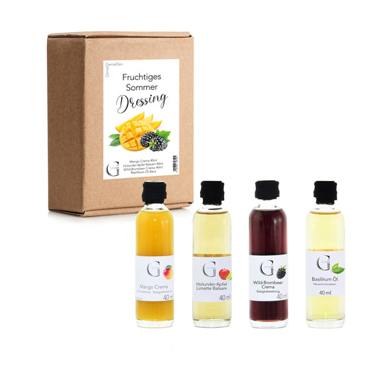 Sommerliches Dressing-Set von Genial Genießen mit fruchtigen Essig-Cremas und aromatischem Basilikum Öl in dekorativer Geschenkbox für Salate, Bowls und Grillgerichte.