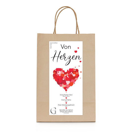 Genial Genießen Von Herzen Tüte als geschmackvolles Geschenkset mit ausgewählten Delikatessen zum Verschenken und Genießen