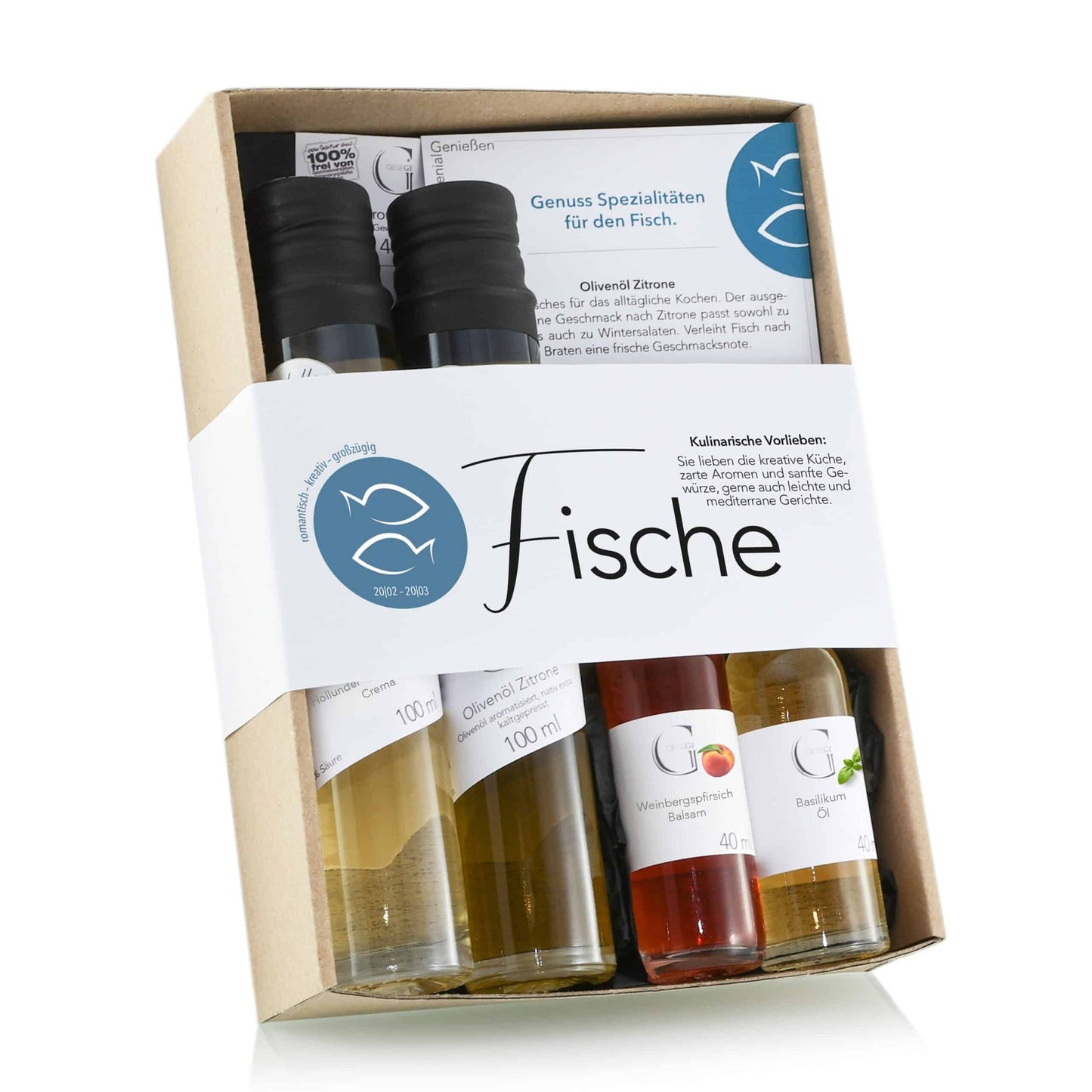 Sternzeichen Fische Geschenkset von Genial Genießen mit ausgewählten Feinkostspezialitäten wie Zitronenöl, Holunder-Apfel-Limette Balsam, Basilikumöl und Gewürzsalz für kreative und leichte Genussmomente.