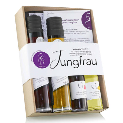Hochwertige Geschenkbox Sternzeichen Jungfrau von Genial Genießen mit feinen Delikatessen als persönliches Geschenk für Jungfrau-Geborene und besondere Anlässe.
