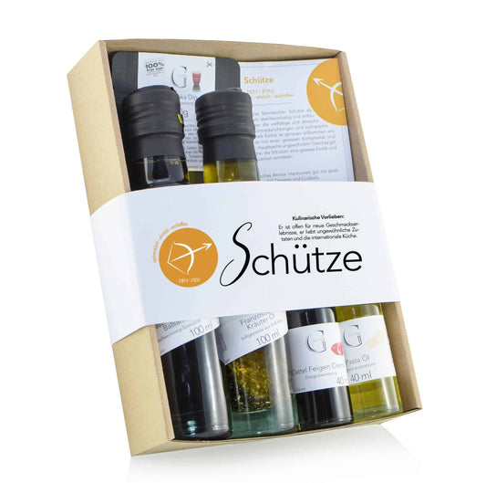 Sternzeichen Schütze Geschenkset von Genial Genießen mit ausgewählten Feinkostspezialitäten wie Würzölen, Balsam und Dip-Gewürzen, abgestimmt auf abenteuerlustige Genießer.