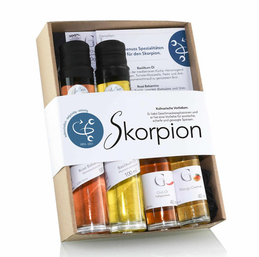 Hochwertige Geschenkbox Sternzeichen Skorpion von Genial Genießen mit feinen Öl- und Essigspezialitäten sowie aromatischen Gewürzen für alle, die zwischen dem 24. Oktober und 22. November geboren sind.