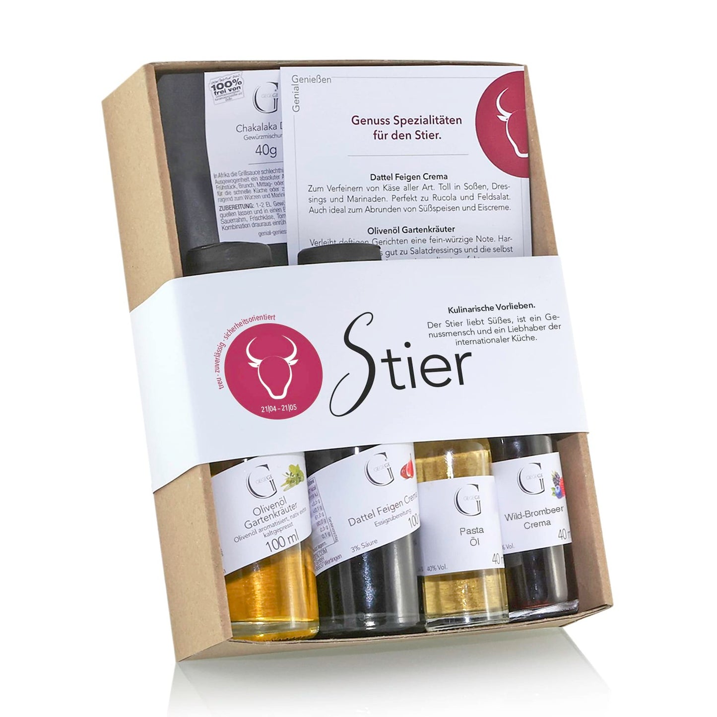 Hochwertige Geschenkbox Sternzeichen Stier von Genial Genießen mit fünf fein abgestimmten Öl-, Essig- und Gewürzspezialitäten für alle, die zwischen dem 21. April und 21. Mai geboren sind.