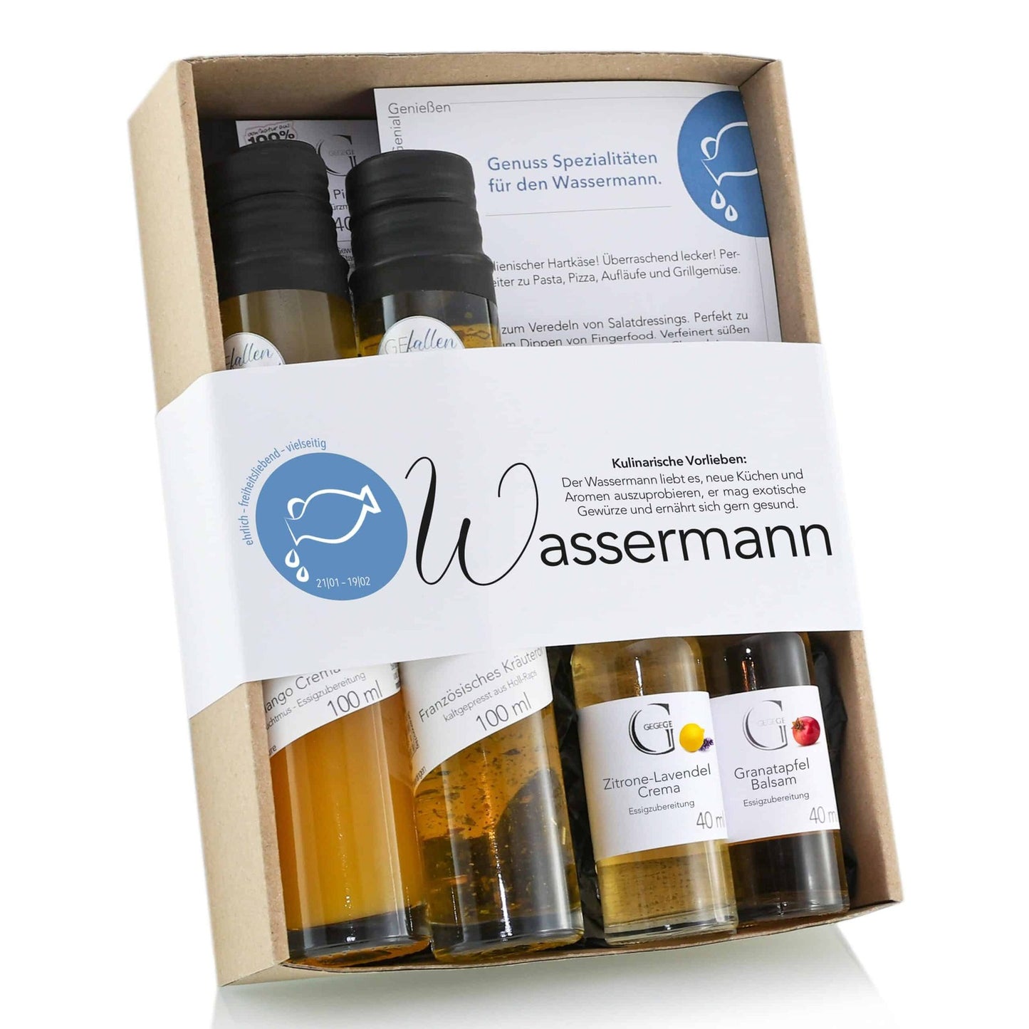 Sternzeichen Wassermann Geschenkset von Genial Genießen mit ausgewählten Feinkostspezialitäten wie französischem Kräuter-Würzöl, Mango Crema, Granatapfel Balsam, Zitrone-Lavendel Crema und exotischem Dip-Gewürz für vielseitige Genussmomente.