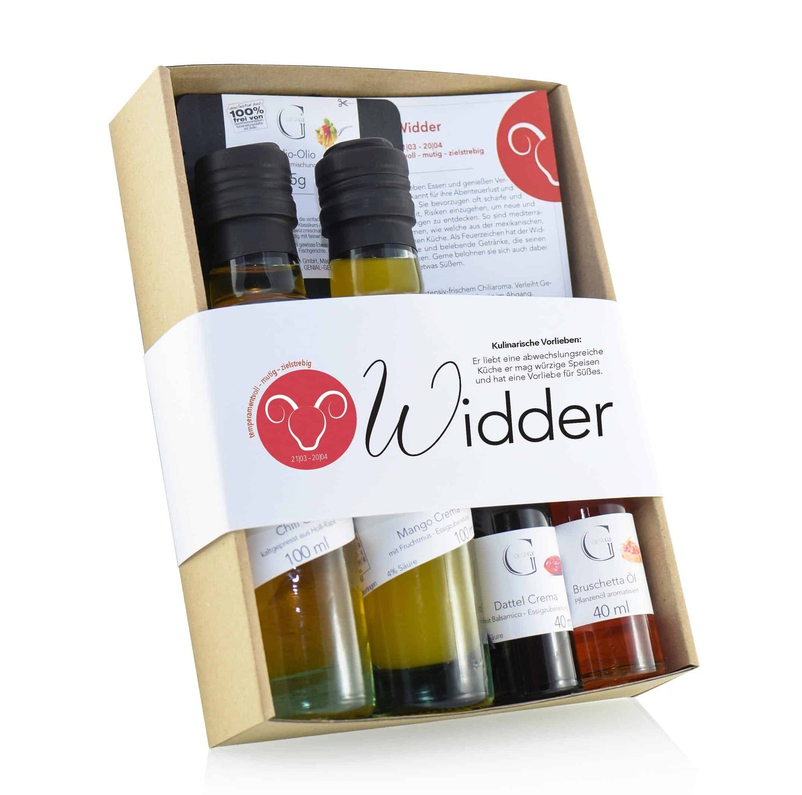 Hochwertige Geschenkbox Sternzeichen Widder von Genial Genießen mit feinen Delikatessen als persönliches Geschenk für Widder-Geborene und besondere Anlässe.