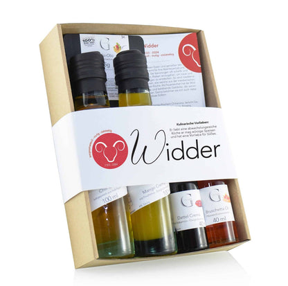 Hochwertige Geschenkbox Sternzeichen Widder von Genial Genießen mit feinen Delikatessen als persönliches Geschenk für Widder-Geborene und besondere Anlässe.