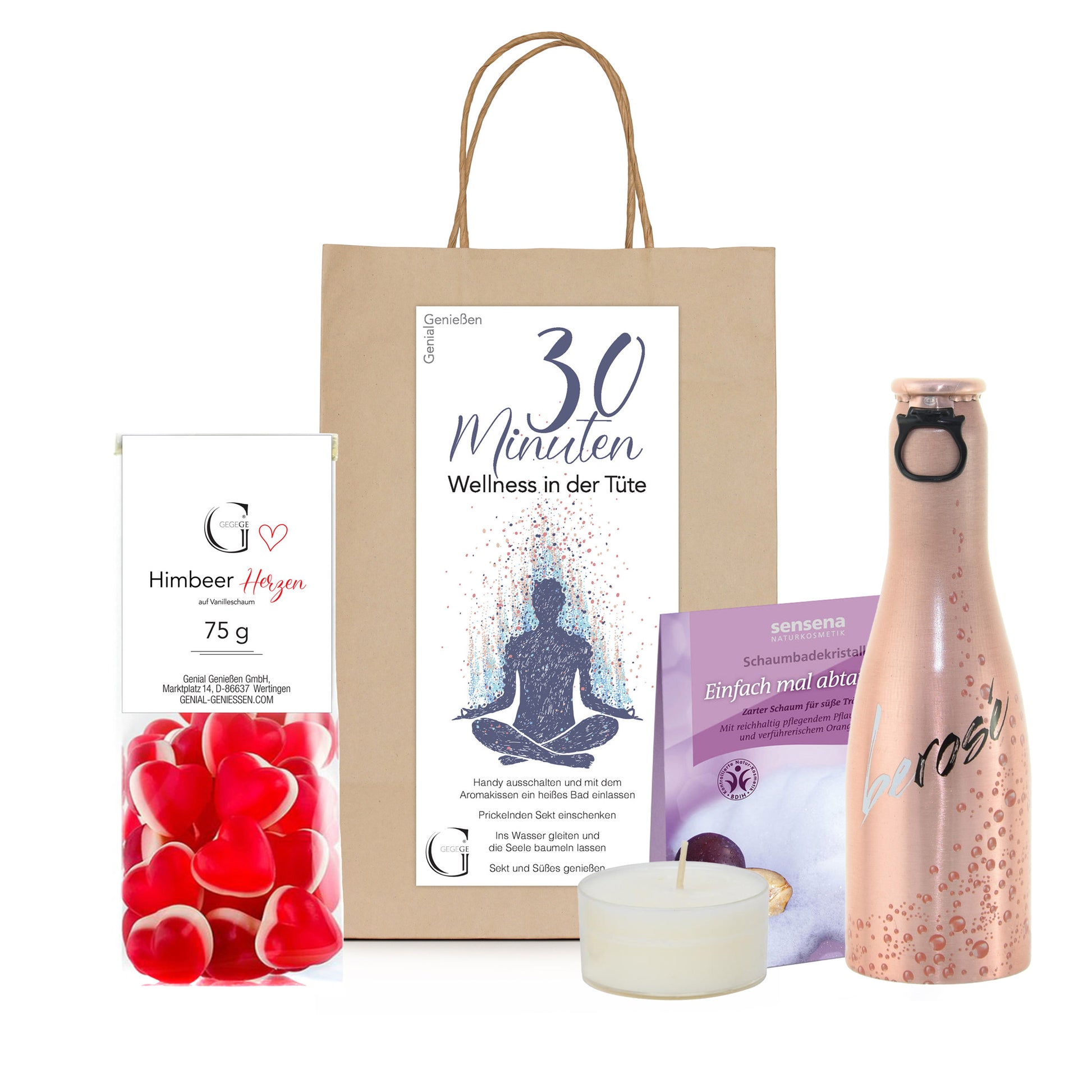 Genial Genießen Wellness Geschenktüte mit ausgewählten Wohlfühlprodukten und feinen Genussmomenten für entspannte Auszeiten