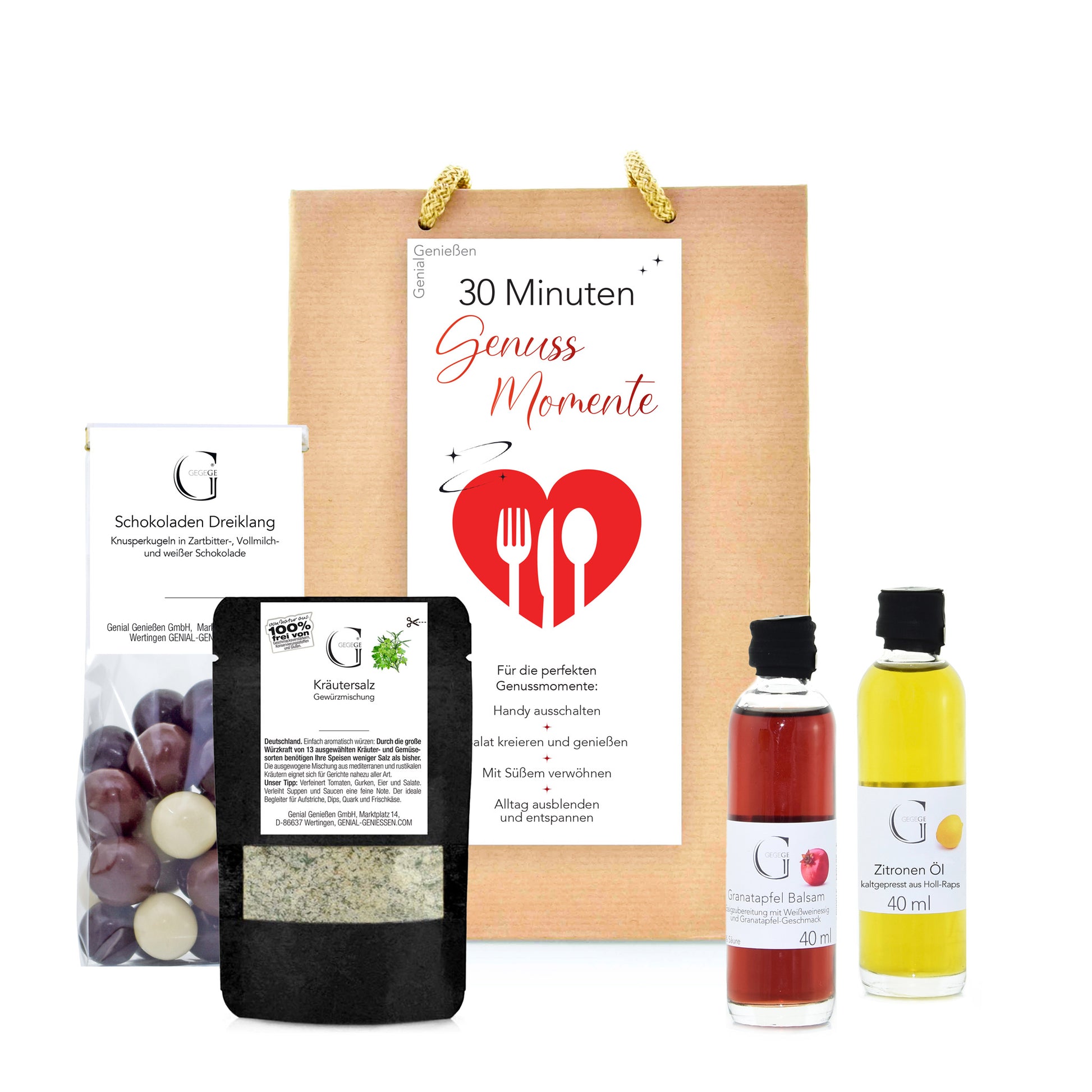 Genial Genießen Genuss-Momente Geschenktüte mit ausgewählten Feinkostspezialitäten, liebevoll verpackt in einer dekorativen Geschenktüte für besondere Genussmomente und kleine Aufmerksamkeiten.