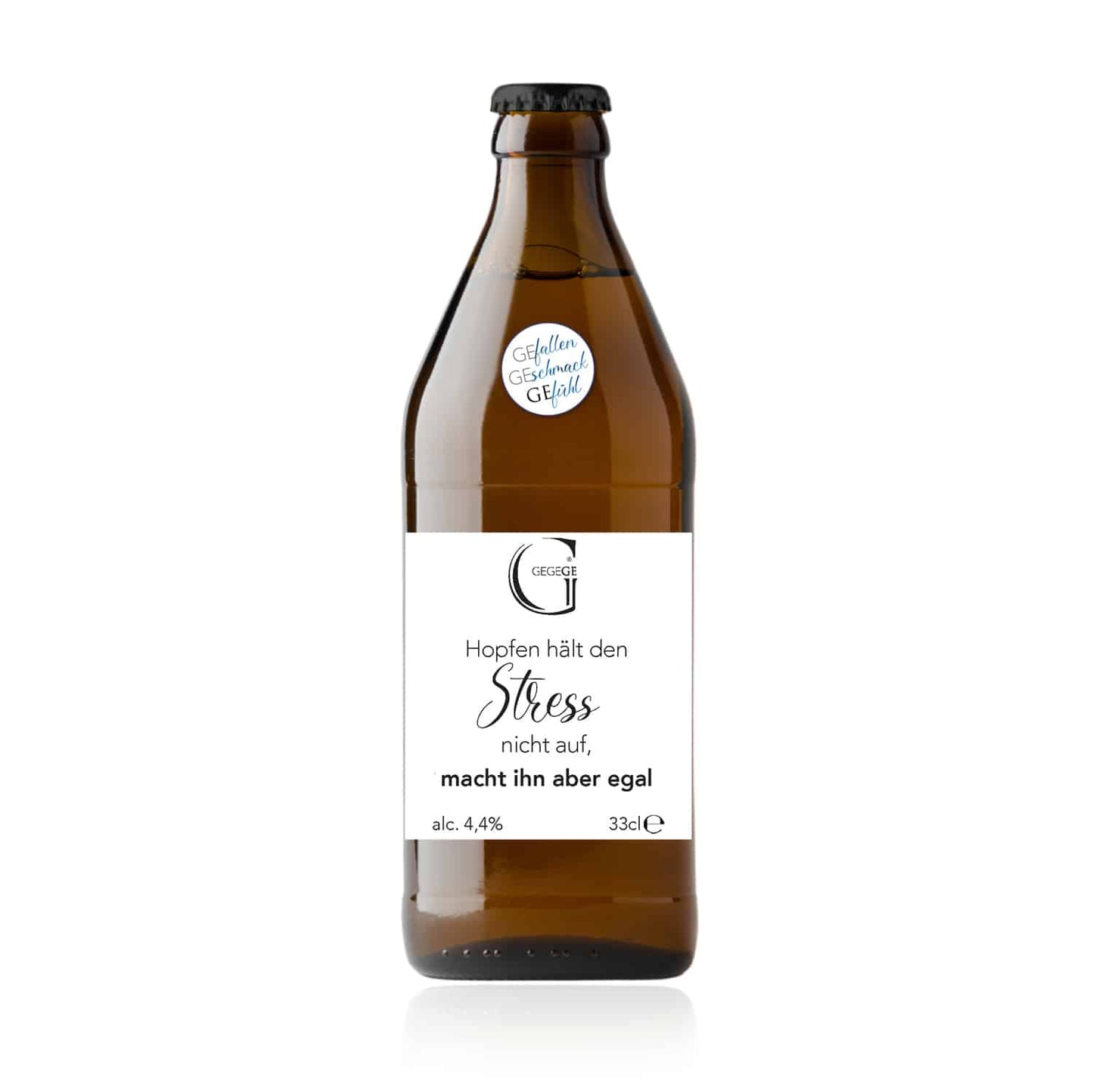 Bier mit Spruch. Hopfen hält den Stress nicht auf macht ihn aber egal klein.