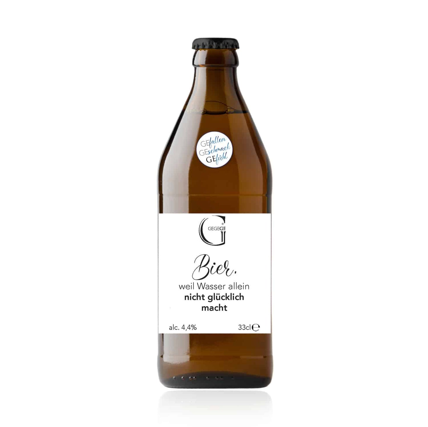 Bier mit Spruch. Bier weil Wasser nicht glücklich macht klein.