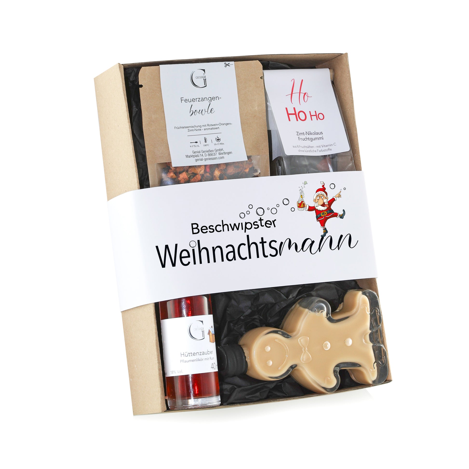 Genial Genießen Beschwipster Weihnachtsmann Geschenkset mit winterlichen Spezialitäten, feinen Leckereien und ausgewählten Genussprodukten in festlicher Weihnachtsverpackung.