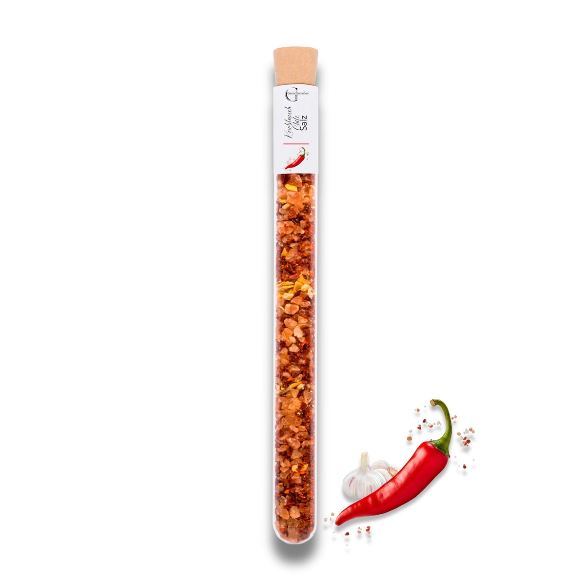 Knoblauch Chili Salz im Reagenzglas