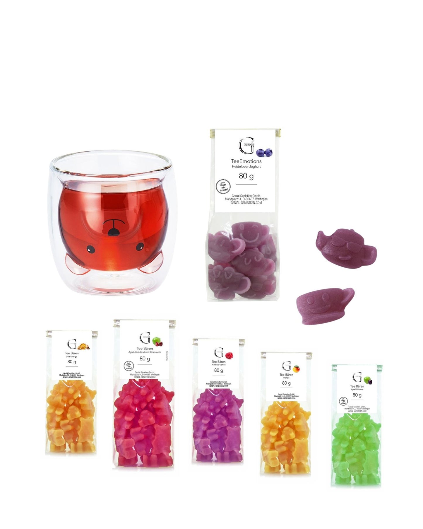 Teebären Sparset mit verschiedenen fruchtigen Tee-Fruchtgummis für heißen und kalten Teegenuss in praktischer Geschenkverpackung.