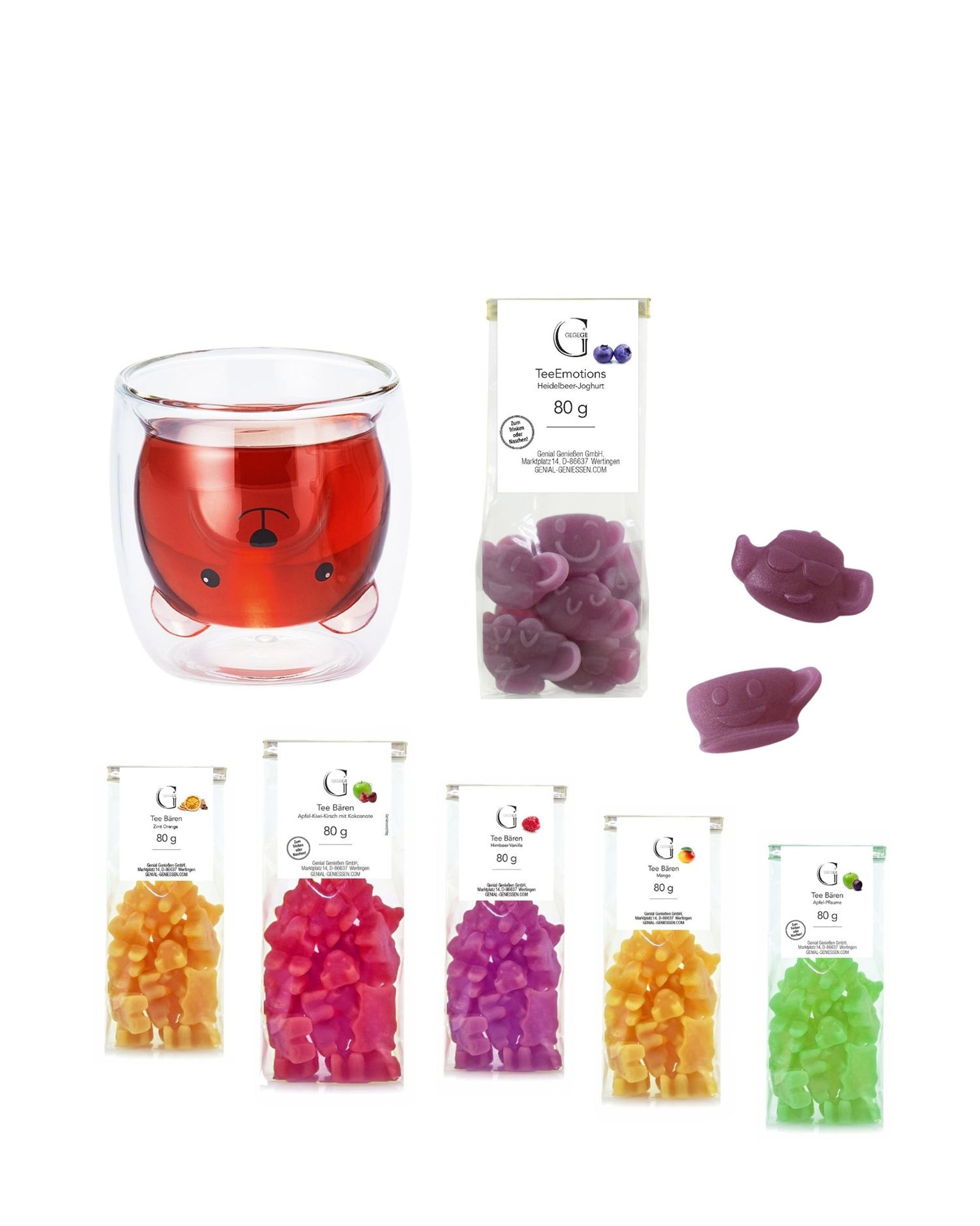 Teebären Sparset mit verschiedenen fruchtigen Tee-Fruchtgummis für heißen und kalten Teegenuss in praktischer Geschenkverpackung.