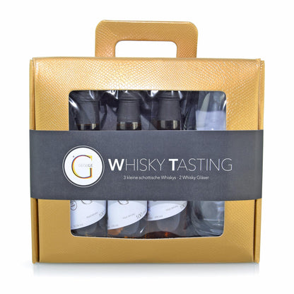Whisky Tasting Geschenkset von Genial Genießen mit drei ausgewählten Single Malt Whiskys, einem Whisky-Nosing-Glas und edler Koffer-Geschenkverpackung für ein genussvolles Tasting-Erlebnis.