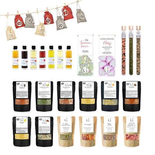 Adventskalender-Set für Sie von Genial Genießen mit 24 liebevoll ausgewählten Feinkostspezialitäten wie Essigen, Ölen, Gewürzen und Tees für genussvolle Adventsmomente.