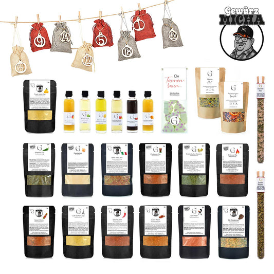 Adventskalender-Set für Ihn von Genial Genießen mit 24 ausgewählten Feinkostspezialitäten wie Grillgewürzen, Dip-Mischungen, Ölen, Essigen, Tee und süßen Snacks für genussvolle Adventsmomente.