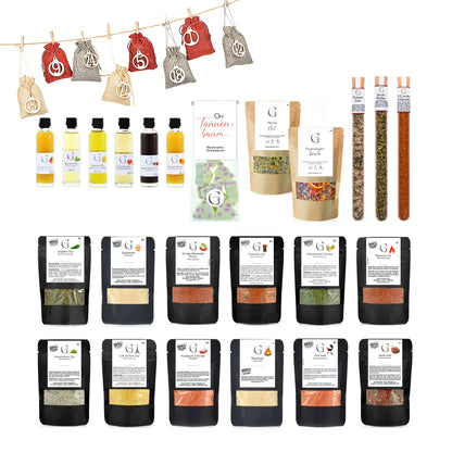 Adventskalender-Set für Grillgenüsse von Genial Genießen mit 24 feinen BBQ-Dips, Gewürzen, Ölen und süßen Überraschungen für Grillfans in der Adventszeit.