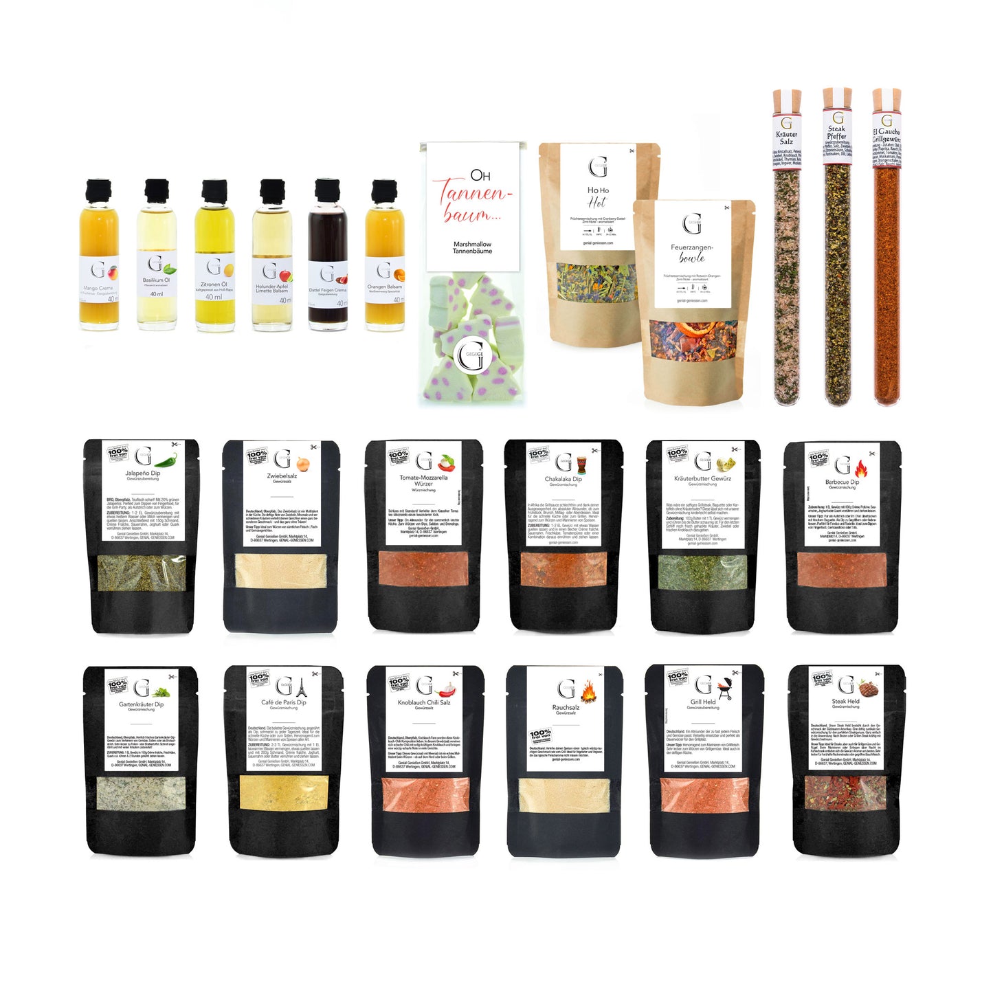 Hochwertiges Adventskalender-Set von Genial Genießen für Grillliebhaber mit abwechslungsreichen Gewürzen, Essigen, Ölen und Genussmomenten für jeden Adventstag.