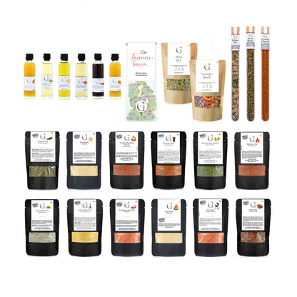 Hochwertiges Adventskalender-Set von Genial Genießen für Grillliebhaber mit abwechslungsreichen Gewürzen, Essigen, Ölen und Genussmomenten für jeden Adventstag.