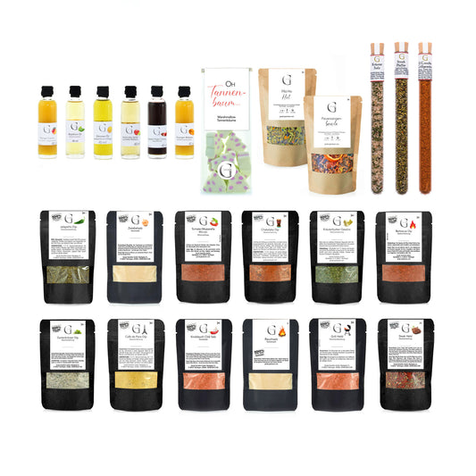 Hochwertiges Adventskalender-Set von Genial Genießen für Grillliebhaber mit abwechslungsreichen Gewürzen, Essigen, Ölen und Genussmomenten für jeden Adventstag.