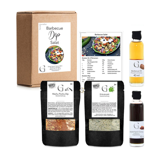 Genial Genießen Barbecue Salat-Box als kreatives Geschenkset mit hochwertigen Zutaten zum Veredeln eines herzhaften Barbecue-Salats inklusive passender Rezeptidee.