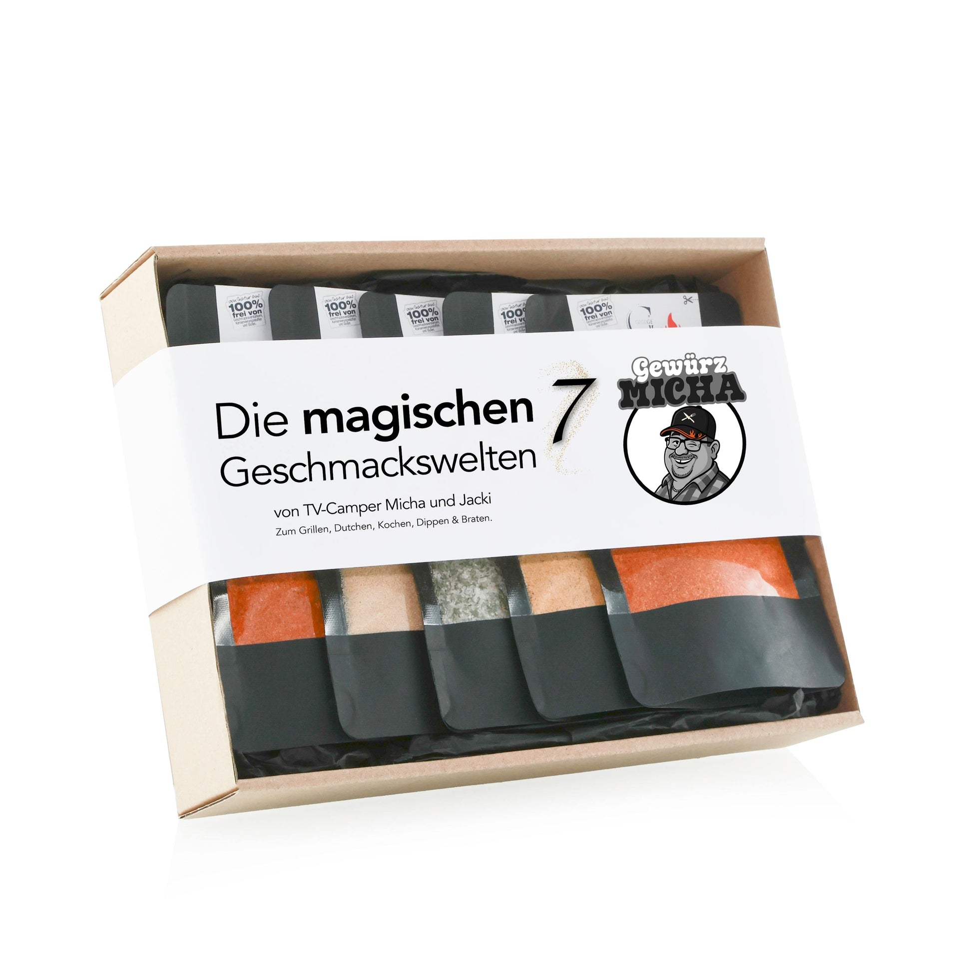 Genial Genießen Die magischen 7 Gewürzbox by Gewürz Micha mit sieben beliebten Gewürzmischungen als Geschenkset für abwechslungsreiche Gerichte und besondere Geschmackserlebnisse.