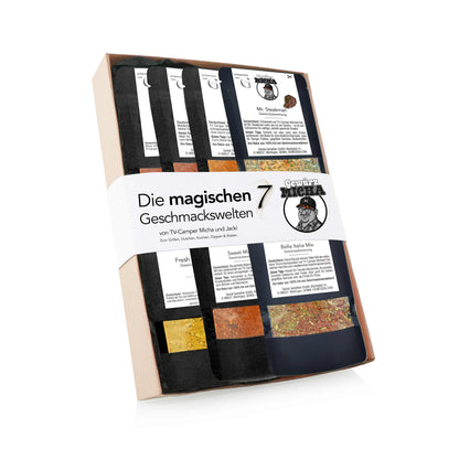 Genial Genießen Die magischen 7 Gewürzbox by Gewürz Micha mit sieben ausgewählten Gewürzmischungen in hochwertiger Geschenkverpackung für kreative Küche und vielseitigen Genuss.