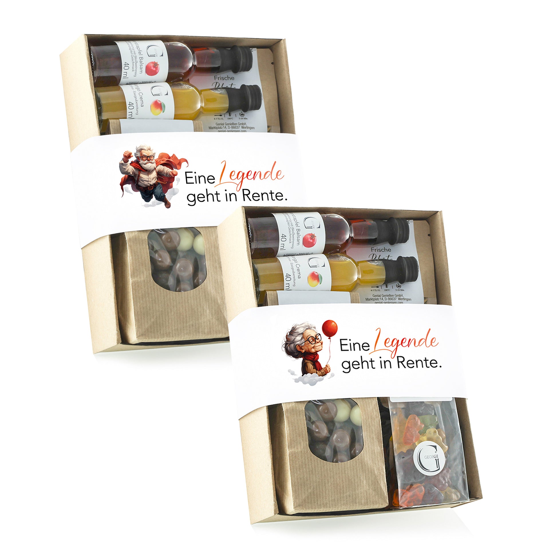 Geschenkset „Eine Legende geht in Rente“ von Genial Genießen mit ausgewählten Feinkostspezialitäten und Tee als genussvolles Abschiedsgeschenk zum Ruhestand.