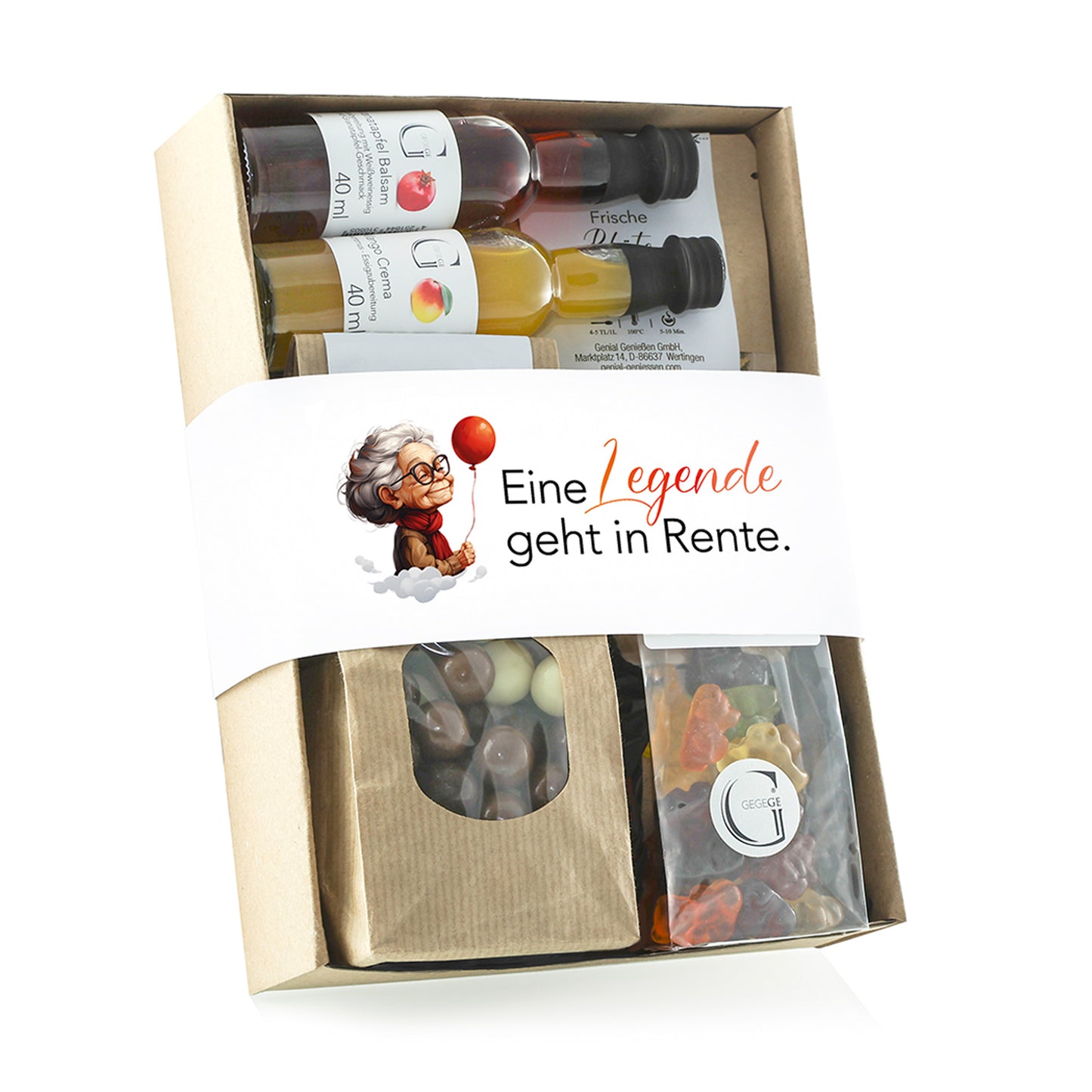 Hochwertige Geschenkbox von Genial Genießen für den Renteneintritt mit feinen Delikatessen, süßen Köstlichkeiten und aromatischem Tee.