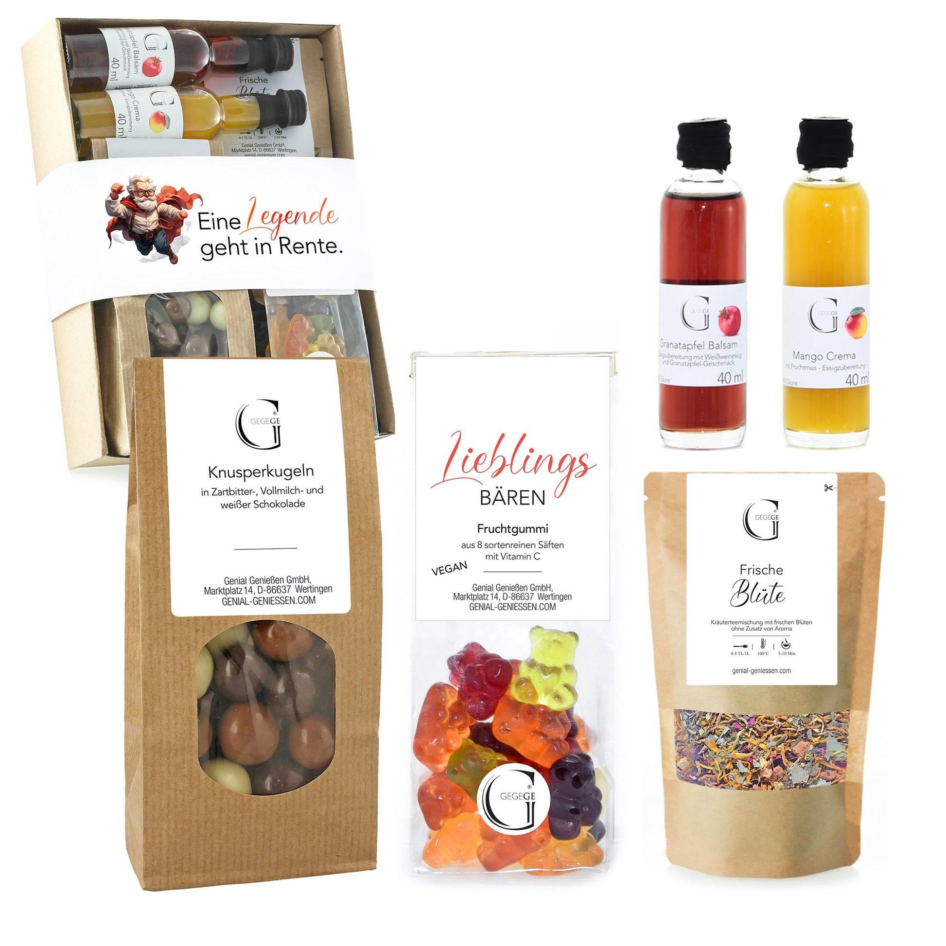 Genussvolle Geschenkbox von Genial Genießen als Wertschätzung zum Abschied aus dem Berufsleben mit ausgewählten Spezialitäten für entspannte Stunden.