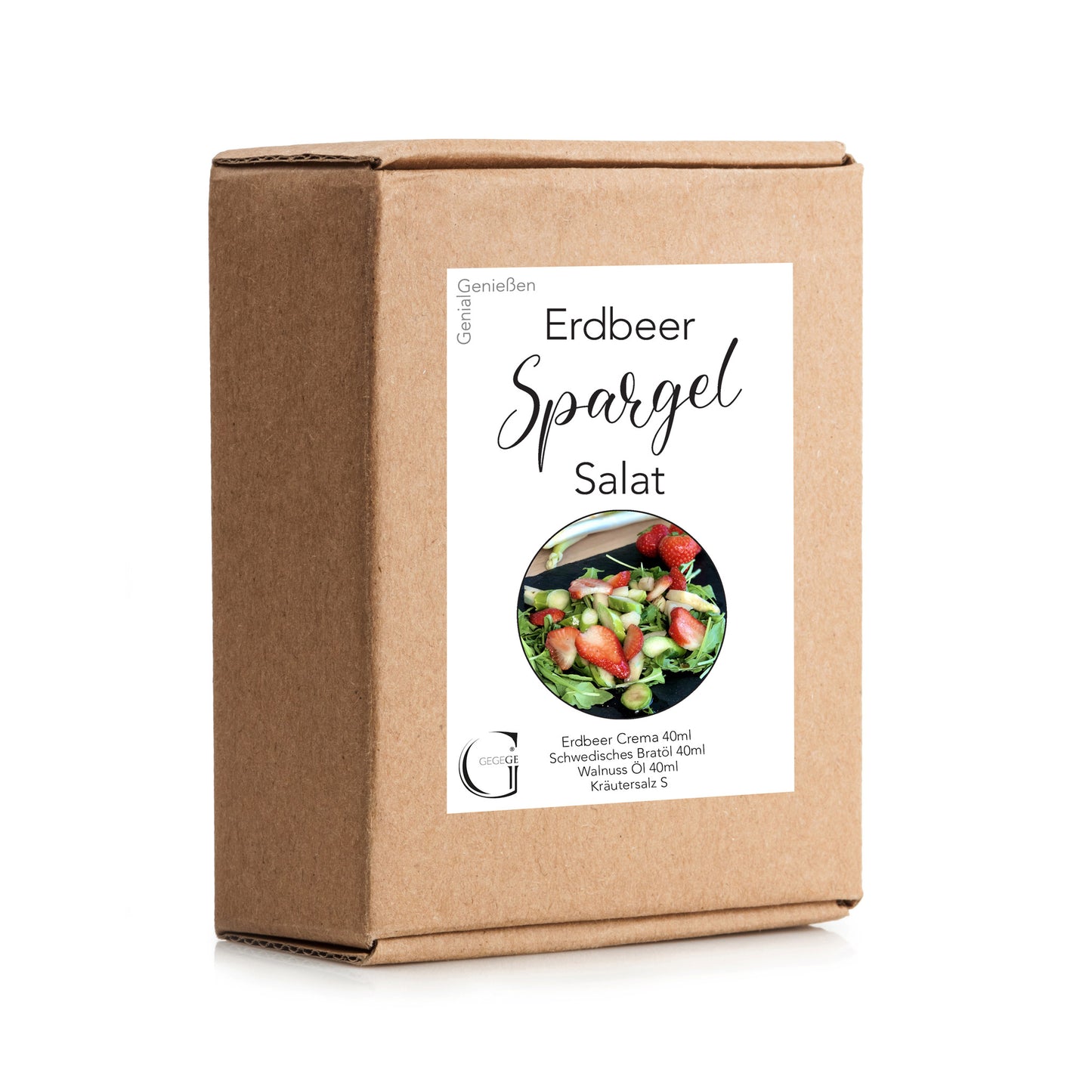 Erdbeer-Spargel Genuss-Box von Genial Genießen mit ausgewählten Feinkostspezialitäten für die saisonale Kombination aus frischen Erdbeeren und Spargel – stilvoll als Geschenk verpackt.