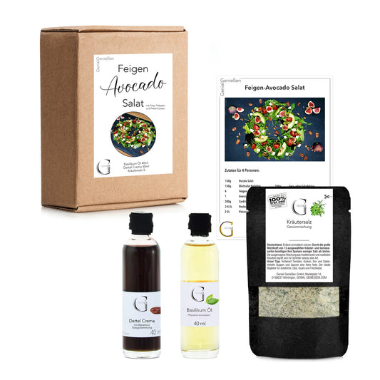 Genial Genießen Salat-Box mit hochwertigen Zutaten für einen Feigen-Avocado-Salat mit Feta, Pistazien und Pekannüssen – ideal für Genießer und als besondere Geschenkidee.
