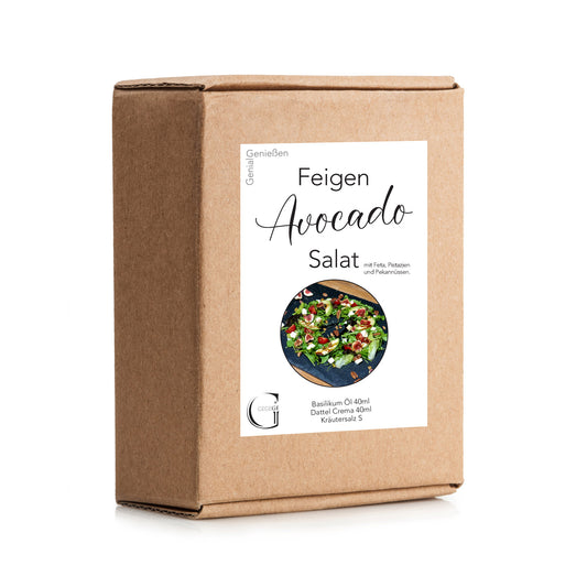 Salat-Box von Genial Genießen für Feigen-Avocado-Salat mit Feta, Pistazien und Pekannüssen – ausgewählte Feinkostprodukte für ein fruchtig-nussiges Geschmackserlebnis.