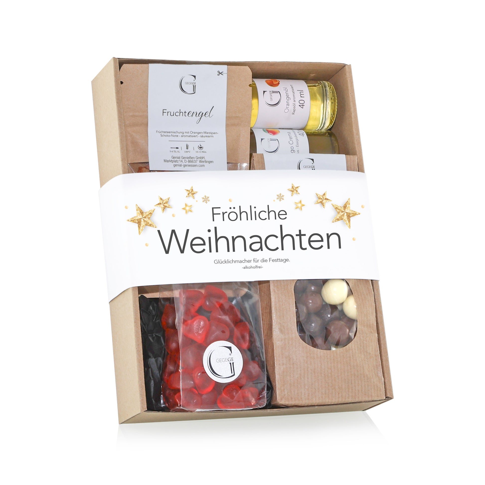 Liebevoll zusammengestelltes alkoholfreies Genial Genießen Weihnachtsset mit feinen Leckereien und weihnachtlichen Genussartikeln.