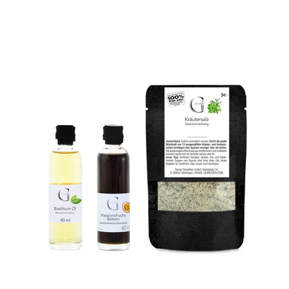 Hochwertiges Dressing-Set von Genial Genießen mit aromatischer Passionsfrucht und fein abgestimmten Zutaten für die Veredelung von Salaten, Bowls und sommerlichen Gerichten.