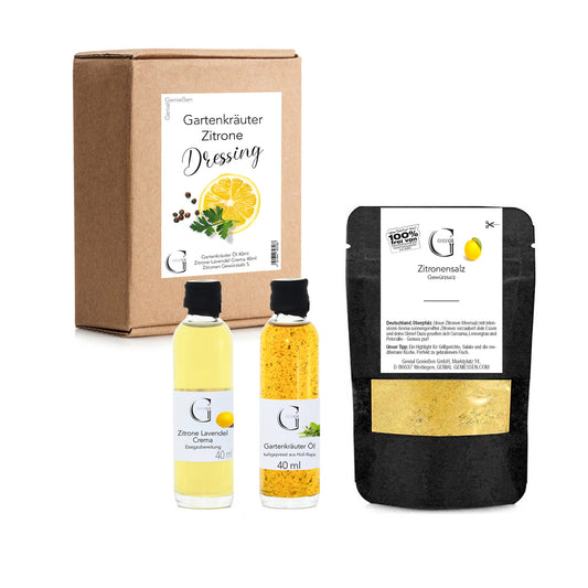 Hochwertiges Dressing-Set von Genial Genießen mit mediterranen Gartenkräutern und fruchtiger Zitrone, liebevoll arrangiert als Geschenk für Feinschmecker und Liebhaber leichter Küche.
