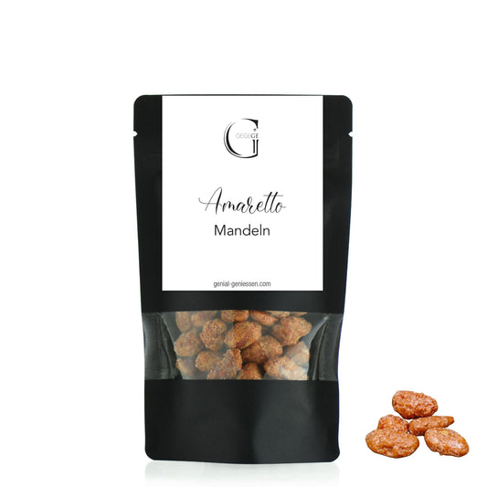 Handgefertigte gebrannte Mandeln mit Amaretto begeistern mit ihrem mild-süßen Aroma und einer feinen Marzipan-Note.